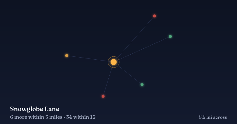 Map of Snowglobe Lane and the 34 other Christmas light displays within 15 miles