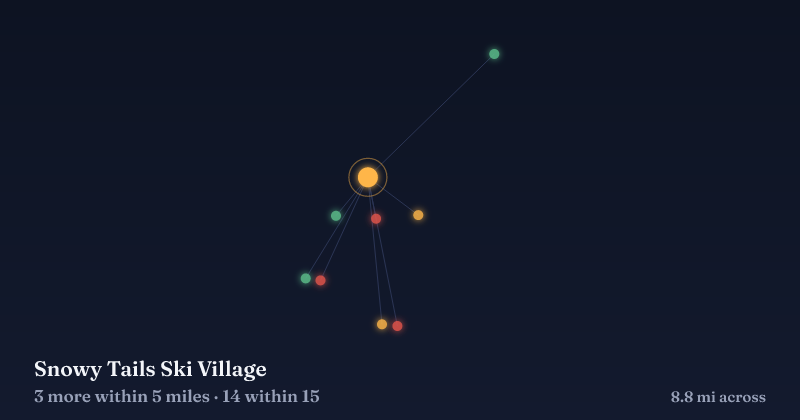 Map of Snowy Tails Ski Village and the 14 other Christmas light displays within 15 miles