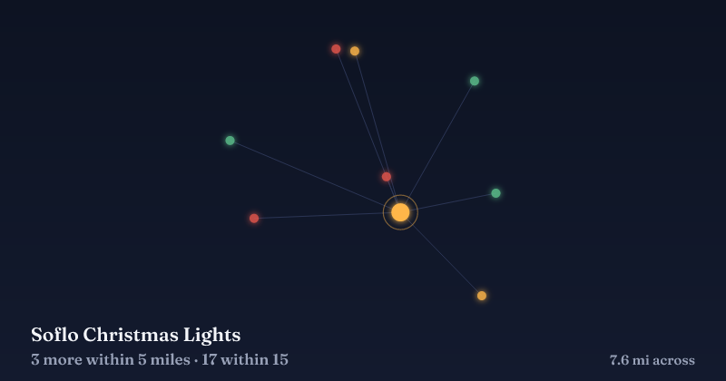 Map of Soflo Christmas Lights and the 17 other Christmas light displays within 15 miles