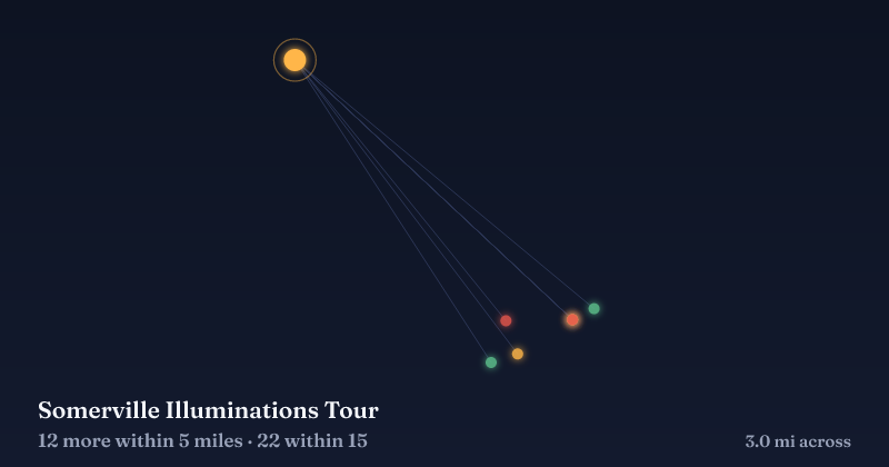 Map of Somerville Illuminations Tour and the 22 other Christmas light displays within 15 miles