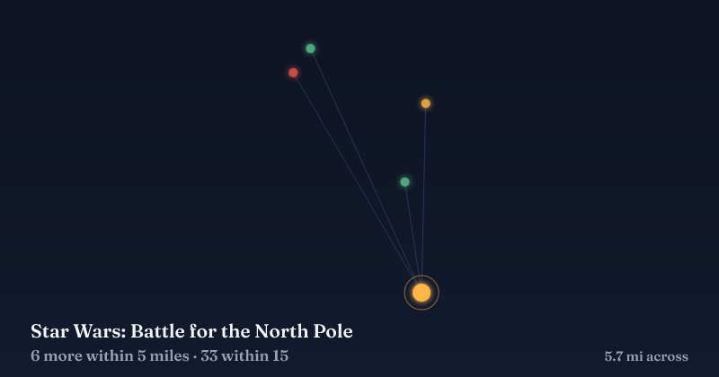 Map of Star Wars: Battle for the North Pole and the 33 other Christmas light displays within 15 miles