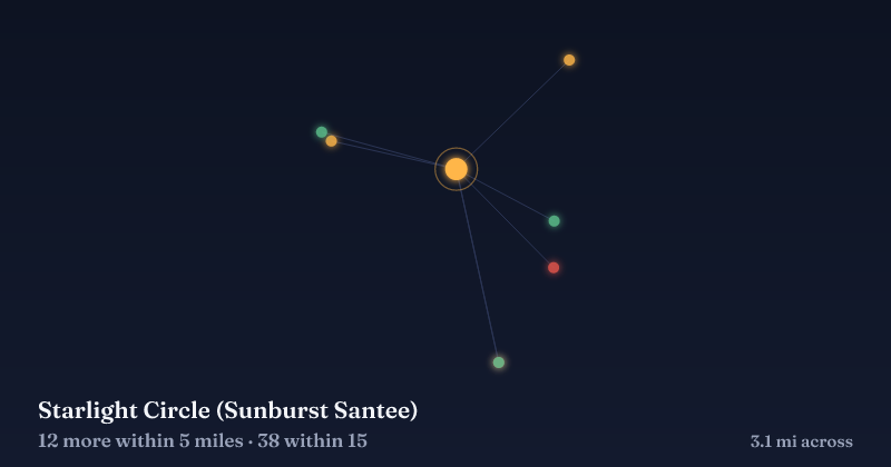 Map of Starlight Circle (Sunburst Santee) and the 38 other Christmas light displays within 15 miles