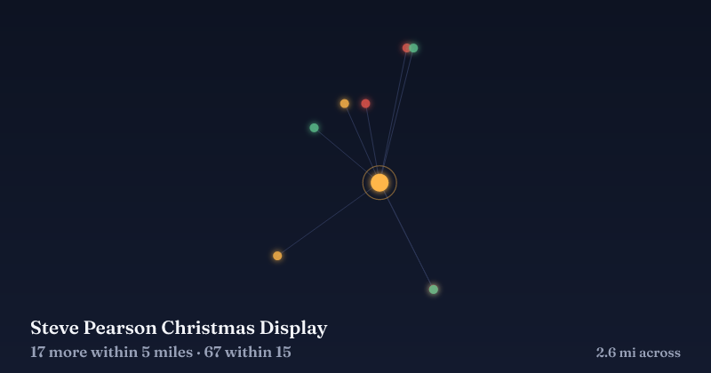 Map of Steve Pearson Christmas Display and the 67 other Christmas light displays within 15 miles