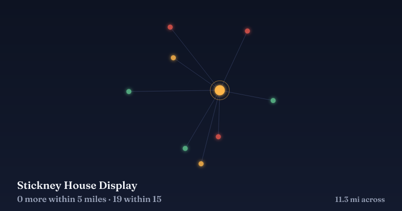 Map of Stickney House Display and the 19 other Christmas light displays within 15 miles