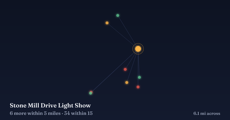 Map of Stone Mill Drive Light Show and the 34 other Christmas light displays within 15 miles