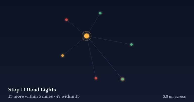 Map of Stop 11 Road Lights and the 47 other Christmas light displays within 15 miles
