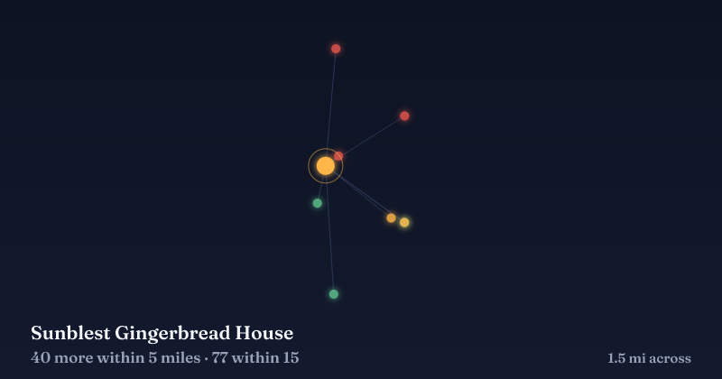 Map of Sunblest Gingerbread House and the 77 other Christmas light displays within 15 miles