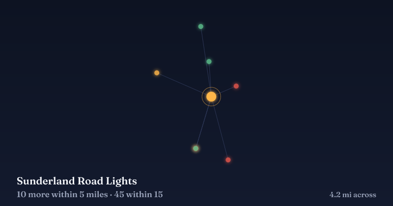 Map of Sunderland Road Lights and the 45 other Christmas light displays within 15 miles