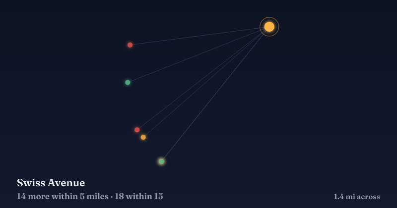 Map of Swiss Avenue and the 18 other Christmas light displays within 15 miles
