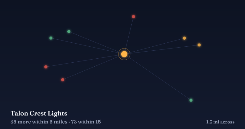 Map of Talon Crest Lights and the 73 other Christmas light displays within 15 miles
