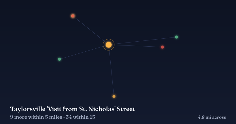 Map of Taylorsville 'Visit from St. Nicholas' Street and the 34 other Christmas light displays within 15 miles