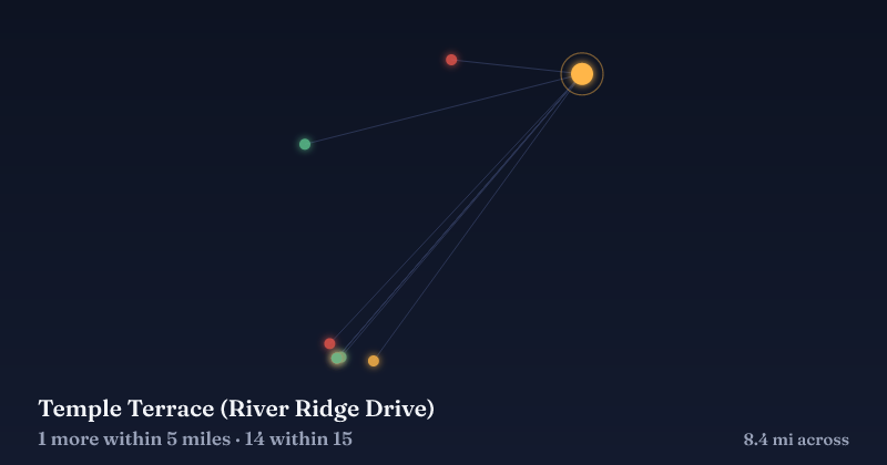 Map of Temple Terrace (River Ridge Drive) and the 14 other Christmas light displays within 15 miles