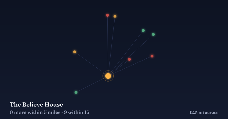 Map of The Believe House and the 9 other Christmas light displays within 15 miles