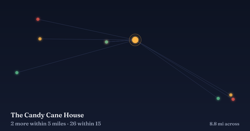 Map of The Candy Cane House and the 26 other Christmas light displays within 15 miles