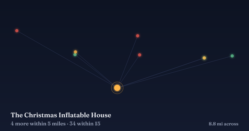 Map of The Christmas Inflatable House and the 34 other Christmas light displays within 15 miles