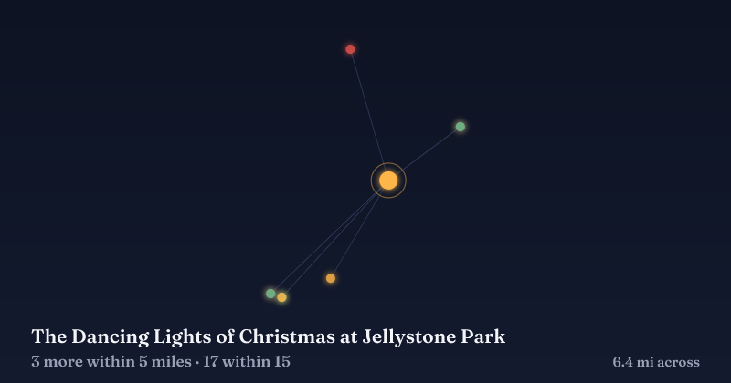 Map of The Dancing Lights of Christmas at Jellystone Park and the 17 other Christmas light displays within 15 miles
