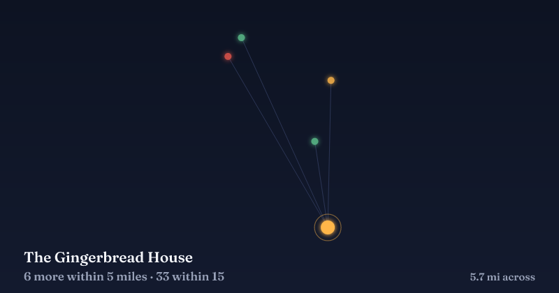 Map of The Gingerbread House and the 33 other Christmas light displays within 15 miles