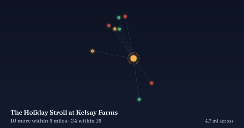 Map of The Holiday Stroll at Kelsay Farms and the 24 other Christmas light displays within 15 miles