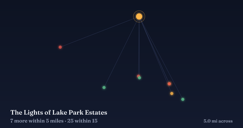 Map of The Lights of Lake Park Estates and the 25 other Christmas light displays within 15 miles