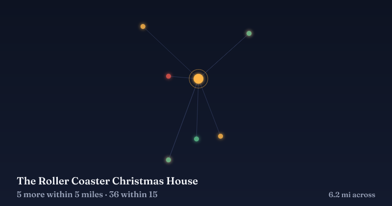 Map of The Roller Coaster Christmas House and the 36 other Christmas light displays within 15 miles