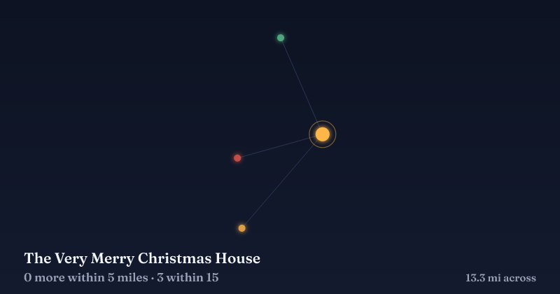 Map of The Very Merry Christmas House and the 3 other Christmas light displays within 15 miles