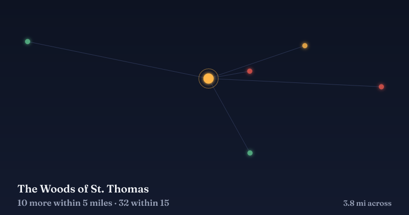 Map of The Woods of St. Thomas and the 32 other Christmas light displays within 15 miles