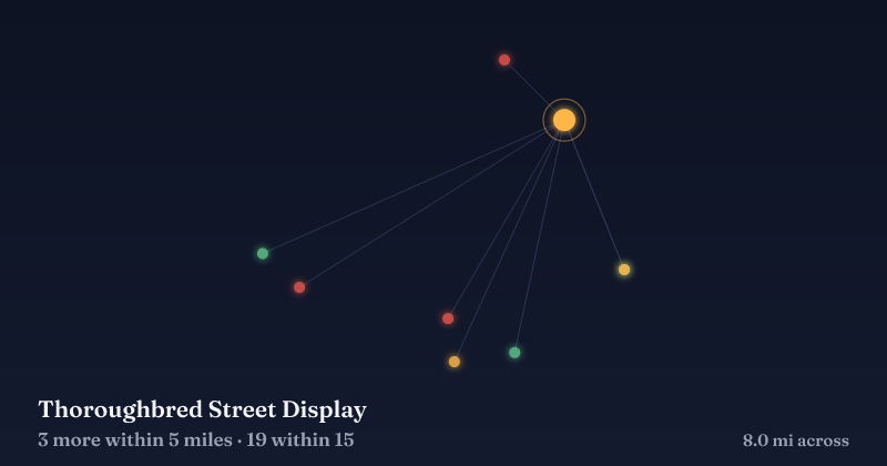 Map of Thoroughbred Street Display and the 19 other Christmas light displays within 15 miles