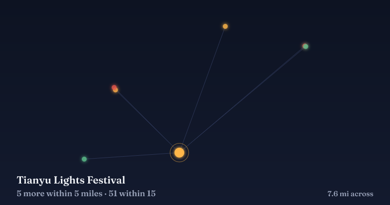 Map of Tianyu Lights Festival and the 51 other Christmas light displays within 15 miles