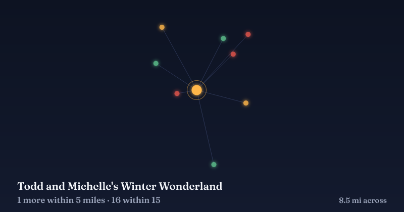 Map of Todd and Michelle's Winter Wonderland and the 16 other Christmas light displays within 15 miles