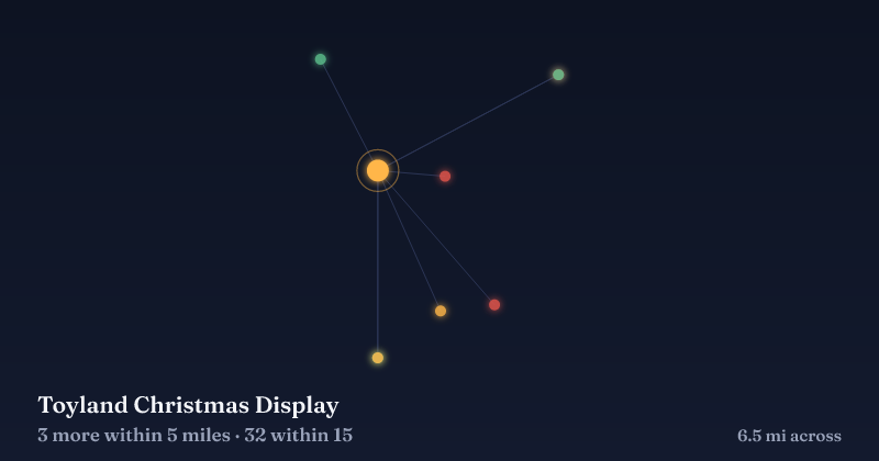 Map of Toyland Christmas Display and the 32 other Christmas light displays within 15 miles