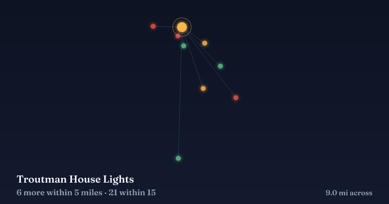 Map of Troutman House Lights and the 21 other Christmas light displays within 15 miles