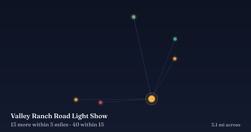 Map of Valley Ranch Road Light Show and the 40 other Christmas light displays within 15 miles