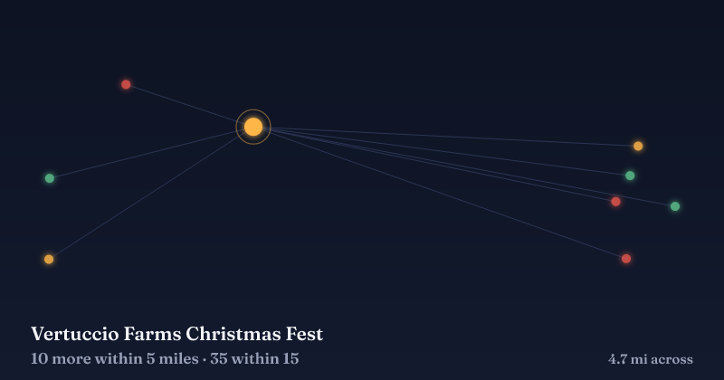 Map of Vertuccio Farms Christmas Fest and the 35 other Christmas light displays within 15 miles