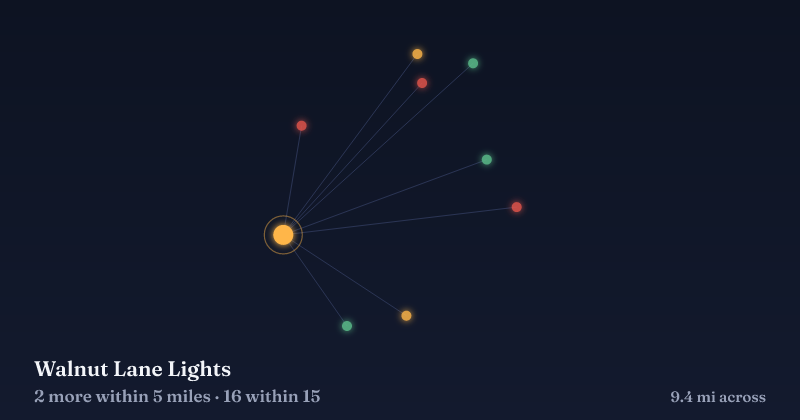 Map of Walnut Lane Lights and the 16 other Christmas light displays within 15 miles