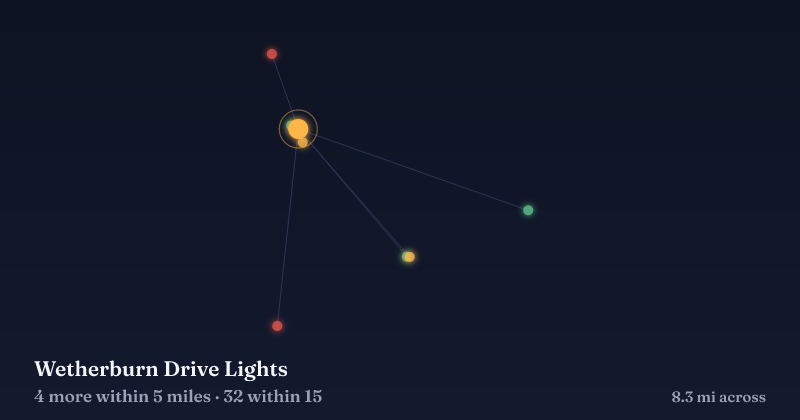 Map of Wetherburn Drive Lights and the 32 other Christmas light displays within 15 miles
