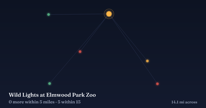 Map of Wild Lights at Elmwood Park Zoo and the 5 other Christmas light displays within 15 miles