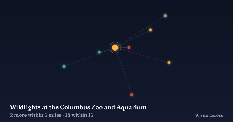 Map of Wildlights at the Columbus Zoo and Aquarium and the 14 other Christmas light displays within 15 miles
