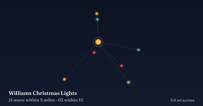 Map of Williams Christmas Lights and the 65 other Christmas light displays within 15 miles