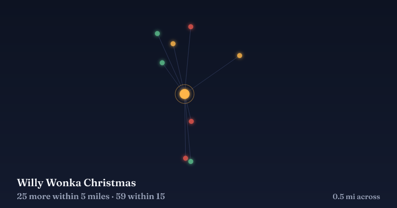 Map of Willy Wonka Christmas and the 59 other Christmas light displays within 15 miles