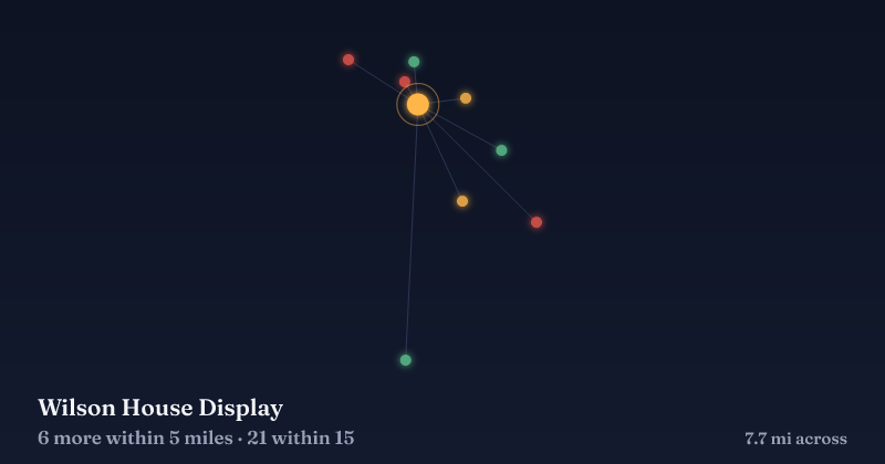 Map of Wilson House Display and the 21 other Christmas light displays within 15 miles