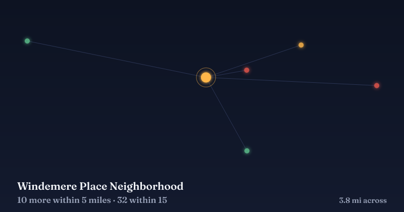Map of Windemere Place Neighborhood and the 32 other Christmas light displays within 15 miles