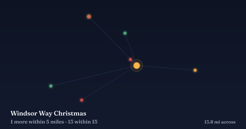 Map of Windsor Way Christmas and the 13 other Christmas light displays within 15 miles