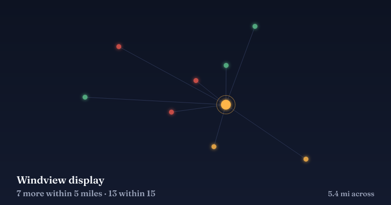 Map of Windview display and the 13 other Christmas light displays within 15 miles
