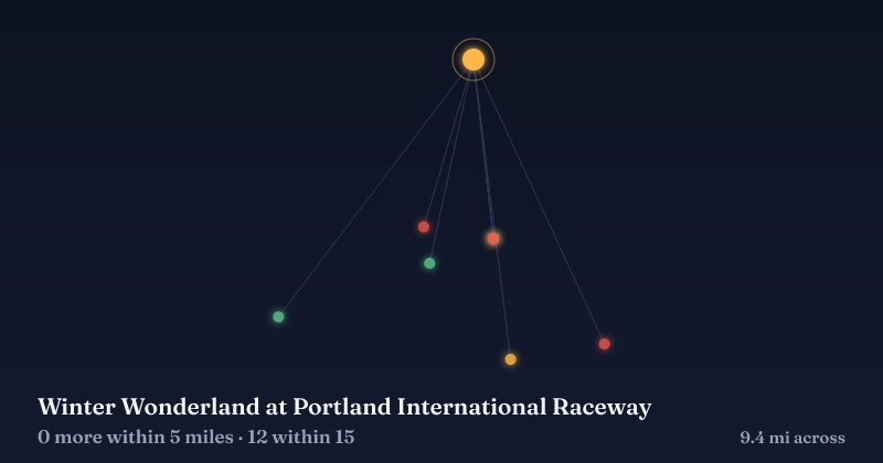 Map of Winter Wonderland at Portland International Raceway and the 12 other Christmas light displays within 15 miles