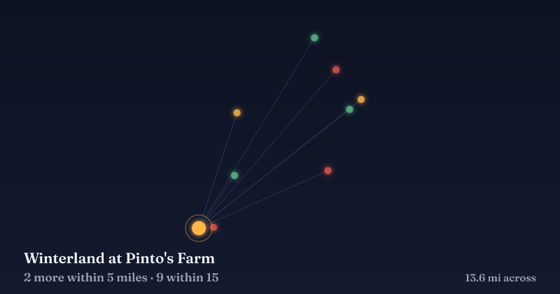 Map of Winterland at Pinto's Farm and the 9 other Christmas light displays within 15 miles